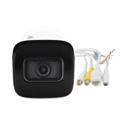 The image shows a sleek, white IP bullet camera with an 8MP lens, designed for high-resolution surveillance. It features multiple connection cables for versatile installation options.