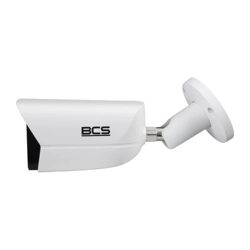 A sleek, white bullet IP camera with a sturdy mounting bracket, designed for outdoor surveillance. The camera features a modern design with the BCS logo prominently displayed on the side.