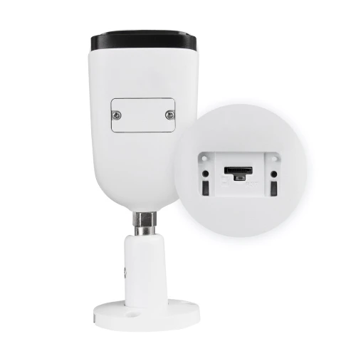 A white, cylindrical IP bullet camera with a sturdy mounting bracket is shown alongside a close-up of its connection ports. The camera features a sleek design with a black top and is suitable for outdoor surveillance.
