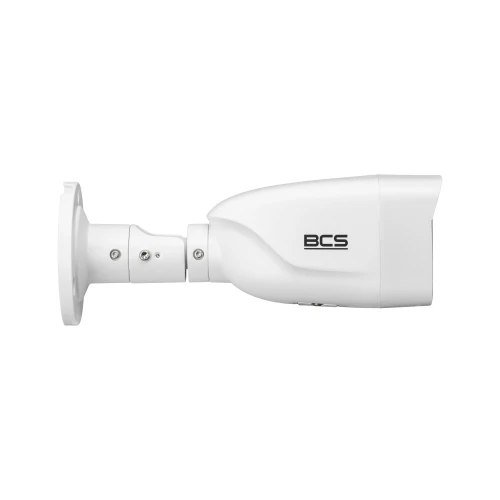 A sleek, white bullet IP camera with a sturdy mounting bracket, designed for high-resolution surveillance. The camera features a streamlined design with the BCS logo prominently displayed on the side.