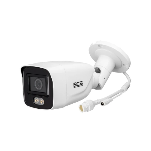 A white, bullet-style IP camera with a sleek design features a lens and LED lights on the front. It includes a mounting bracket and connection cables for easy installation.