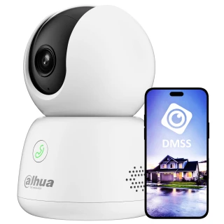 A sleek white Dahua Wi-Fi IP camera with a modern, spherical design is shown alongside a smartphone displaying the DMSS app interface. The camera features a prominent lens and a compact speaker grille, emphasizing its advanced surveillance capabilities.