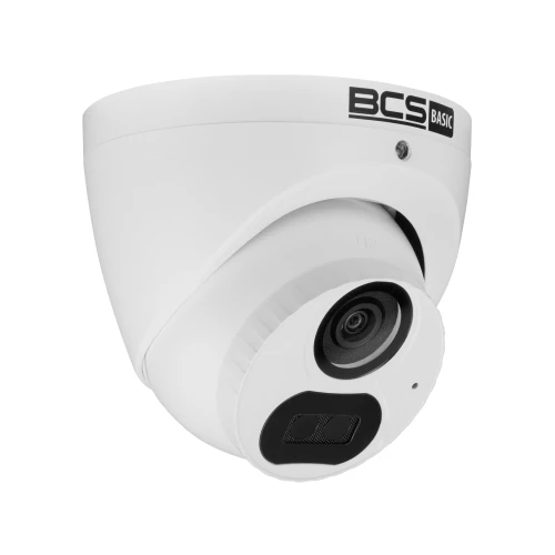 A white dome-shaped security camera with a sleek design and a black lens area, featuring the BCS Basic logo. The camera is designed for high-definition surveillance and is suitable for both indoor and outdoor use.