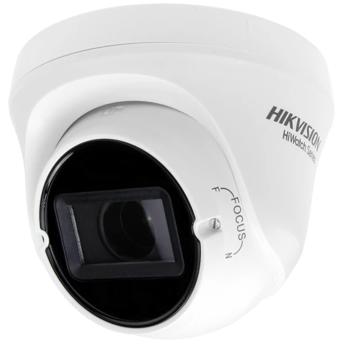 A white dome security camera from the Hikvision HiWatch series, featuring an adjustable focus lens. The camera has a sleek design with a prominent lens and focus adjustment knob.