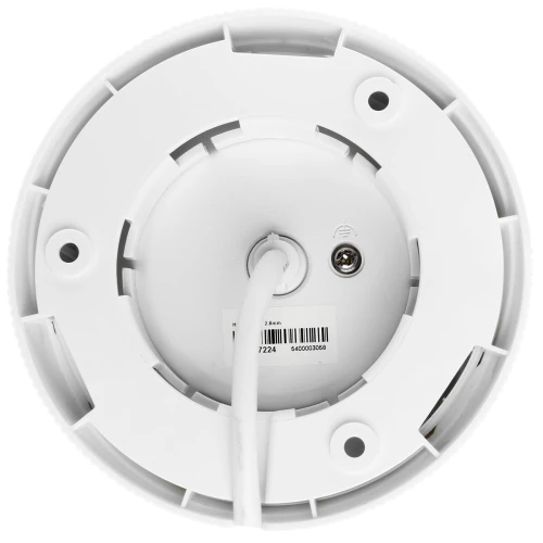 The image shows the underside of a white dome-shaped IP security camera with a visible mounting bracket and cable connection. The design is sleek and compact, suitable for discreet surveillance installations.