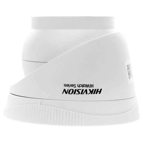 A white dome-shaped IP camera with a sleek, modern design features the Hikvision logo prominently on its side. The camera is part of the HiWatch series, known for its reliable surveillance capabilities.