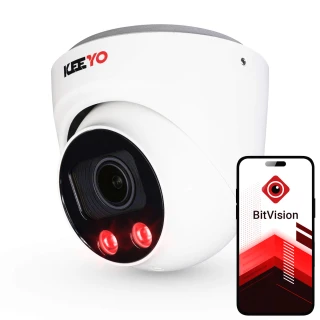 A white dome-shaped IP camera with 4K resolution and infrared capability for enhanced night vision. The image also features a smartphone displaying the BitVision app interface, indicating remote monitoring functionality.