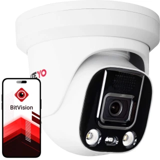A white dome-shaped IP camera with a sleek design features a prominent lens and infrared LEDs for night vision. The image also shows a smartphone displaying the BitVision app interface, indicating remote monitoring capabilities.