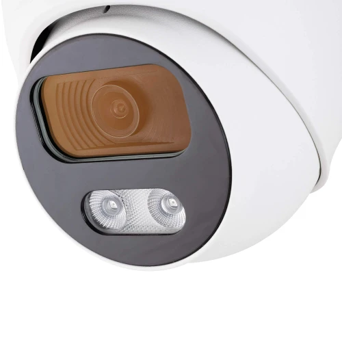 A white dome-shaped IP camera with a sleek black faceplate features a prominent lens and dual infrared LEDs for enhanced night vision. The compact design is suitable for both indoor and outdoor surveillance.