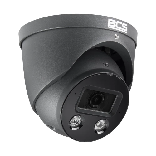A sleek, black dome-shaped IP camera with a modern design, featuring dual LED lights for enhanced night vision. The camera is branded with the BCS logo, indicating high-quality surveillance capabilities.