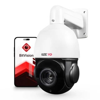 A white dome-shaped IP security camera with a black lens housing is mounted on a wall bracket. The image also features a smartphone displaying the BitVision app interface, suggesting remote monitoring capabilities.