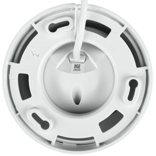 The image shows the underside of a white dome-shaped IP camera with multiple mounting slots and a central cable connection. The design features a smooth, circular surface with ventilation openings for optimal performance.