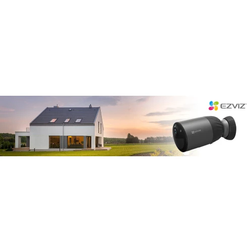 The image features a sleek, black WiFi security camera with a modern design, suitable for outdoor use. It is shown in front of a contemporary house, highlighting its application in home security.