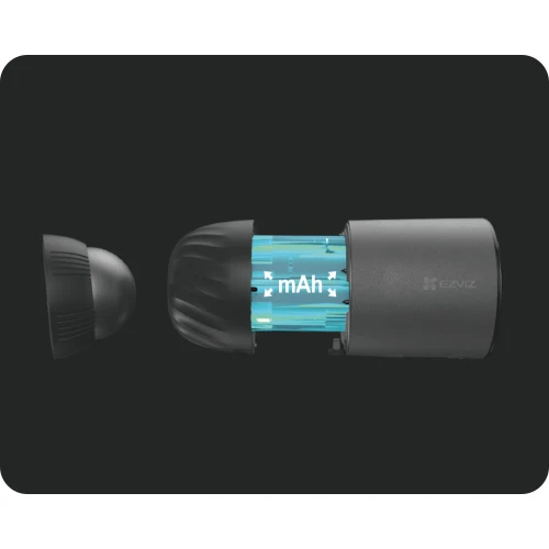A sleek, black WiFi camera with a detachable battery compartment, showcasing a vibrant blue battery inside. The camera features a modern design with a focus on portability and ease of use.