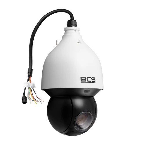 The image shows a BCS dome-shaped security camera with a white upper casing and a black rotating lens. It features multiple exposed wires for connectivity, highlighting its advanced surveillance capabilities.