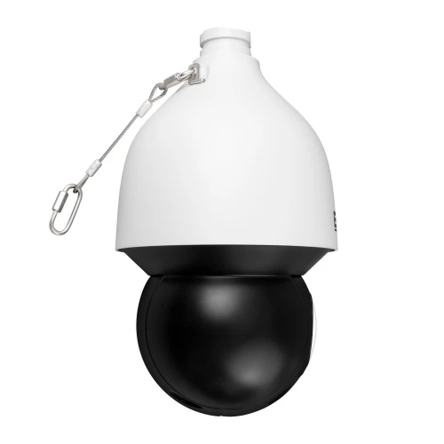 The image shows a sleek, dome-shaped security camera with a white top and black base, designed for outdoor surveillance. It features a sturdy mounting bracket and a safety cable for secure installation.