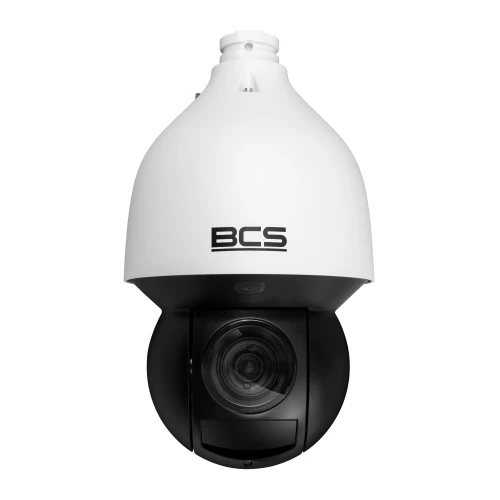 The image shows a BCS-branded dome security camera with a sleek black and white design. It features a prominent lens for high-quality surveillance and a robust housing for outdoor use.