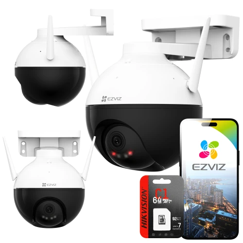 Wireless rotating security camera with dual antennas and a sleek black and white design, shown mounted on a wall. Includes a smartphone displaying the EZVIZ app and a 64GB Hikvision memory card for storage.