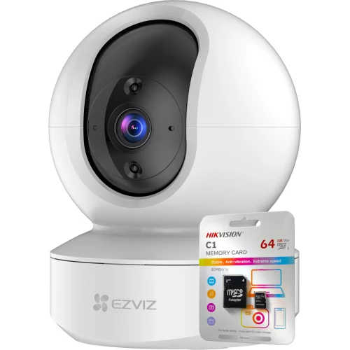 A sleek, white, full HD IP camera with a smooth, rounded design and a prominent lens is shown alongside a 64GB memory card. The camera features branding on the front and is designed for versatile, high-quality surveillance.