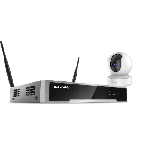The image features a sleek, white, full HD IP camera with a spherical design, capable of 360-degree rotation for comprehensive surveillance. Next to it is a modern, black Hikvision network video recorder with dual antennas for enhanced connectivity.