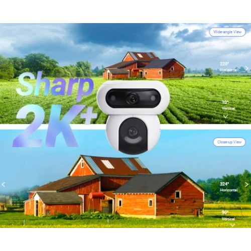 The image showcases a sleek, modern IP Wi-Fi camera with a dual-lens design, offering sharp 2K+ resolution. It highlights the camera's wide-angle and close-up viewing capabilities, set against a picturesque rural backdrop.