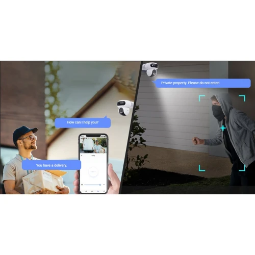 The image showcases a Wi-Fi-enabled IP camera with a rotating feature, designed for home security. It highlights the camera's ability to communicate with delivery personnel and detect intruders, enhancing property protection.