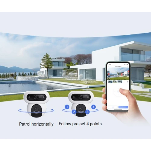 The image showcases a Wi-Fi IP camera with a sleek, modern design, capable of horizontal patrol and following preset points. It is displayed alongside a smartphone app interface, illustrating remote control and monitoring capabilities.