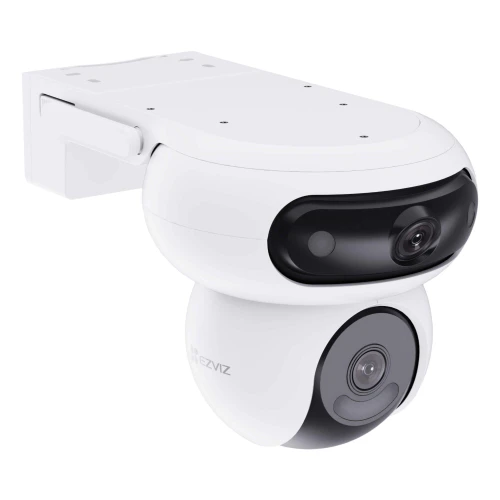 A sleek, white, rotating IP Wi-Fi camera with dual lenses designed for comprehensive surveillance coverage. The camera features a modern, compact design suitable for both indoor and outdoor use.