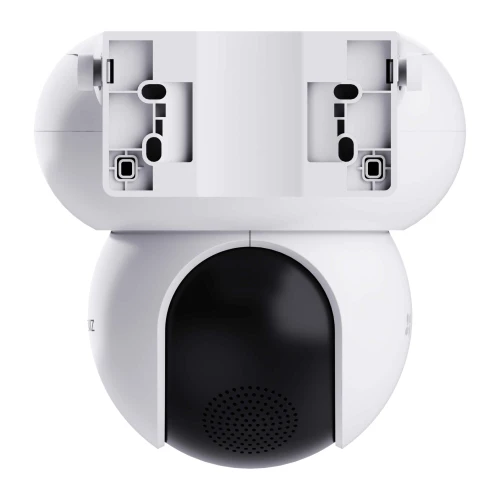 The image shows a sleek, white, dome-shaped Wi-Fi IP camera with a black lens and speaker grille, designed for wall or ceiling mounting. The camera features adjustable brackets for versatile installation and enhanced security monitoring.