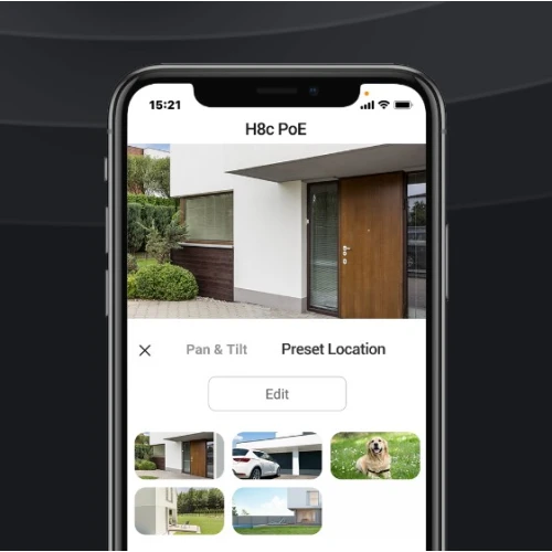 The image shows a smartphone displaying the interface of a security camera app, featuring options for pan and tilt controls and preset location settings. The background includes a modern house exterior, illustrating the camera's monitoring capabilities.