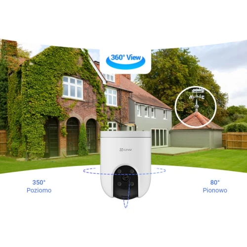 Outdoor security camera with a sleek white design, featuring 360-degree horizontal and 80-degree vertical rotation capabilities. The camera is shown in a garden setting, highlighting its suitability for home surveillance.