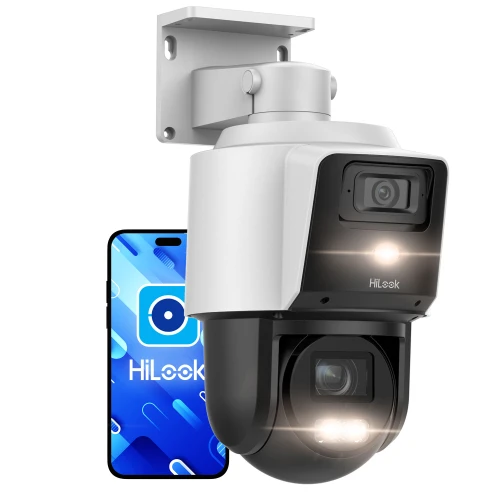 A sleek, modern Wi-Fi PTZ camera with a dual-lens design is mounted on a wall bracket, featuring LED lights for enhanced visibility. The camera is shown alongside a smartphone displaying the HiLook app interface, highlighting its smart connectivity features.
