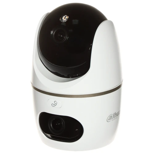 A sleek, white Dahua WiFi rotating camera with a black dome and dual lenses for enhanced surveillance. The compact design features a subtle logo and a button for easy operation.