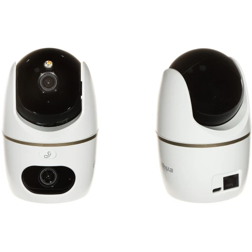 The image shows a Dahua WiFi rotating camera with a sleek, modern design featuring a black and white color scheme. The camera has a prominent lens and LED indicator on the front, with connectivity ports visible on the back.
