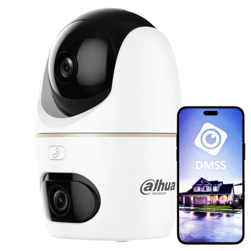 A sleek, white Dahua WiFi rotating camera is shown alongside a smartphone displaying the DMSS app interface. The camera features dual lenses for enhanced surveillance capabilities.