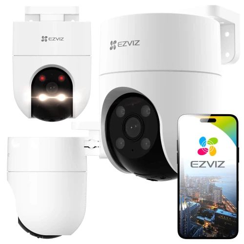 The image features a white EZVIZ WiFi security camera with a sleek, modern design, showcasing its rotating capabilities. The camera is displayed alongside a smartphone screen illustrating the EZVIZ app interface for remote monitoring.