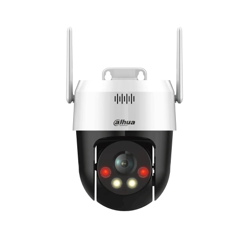 A sleek, white and black WiFi security camera with dual antennas and a rotating lens for comprehensive surveillance. The camera features LED lights for enhanced night vision capabilities.