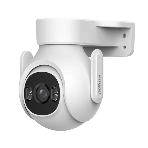 A sleek, white, dome-shaped WiFi security camera with a rotating feature and multiple lenses is mounted on a sturdy bracket. The camera is designed for outdoor use, providing comprehensive surveillance coverage.