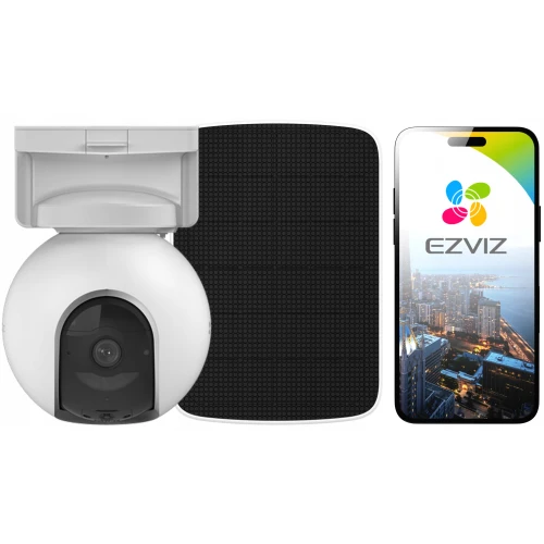 A white, spherical security camera with a solar panel is shown next to a smartphone displaying the EZVIZ app interface. The camera features a rotating design for comprehensive surveillance coverage.