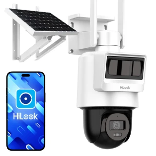 A white, solar-powered, rotating security camera is shown alongside a smartphone displaying the HiLook app interface. The camera features a sleek design with a solar panel mounted above it for efficient energy use.