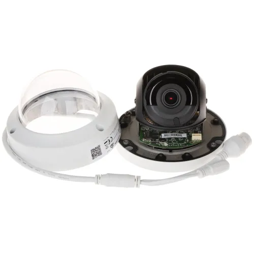 A disassembled dome security camera is shown with its clear cover removed, revealing the internal components and lens. The camera is connected to a white cable with a connector for easy installation.