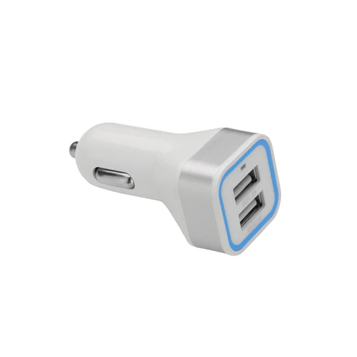 A compact car charger with a sleek white and silver design features two USB ports for simultaneous device charging. The charger is designed to fit into a standard car cigarette lighter socket, providing convenient power on the go.