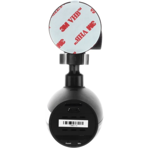 The image shows a compact car dash camera with a cylindrical design, featuring a lens on one end and a mounting bracket with adhesive tape on the other. The camera includes a USB port and slots for a memory card, with labeled buttons for reset and microphone functions.