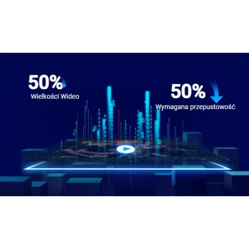 The image illustrates a digital representation of data compression, highlighting a 50% reduction in video size and required bandwidth. It features a futuristic graphic with binary code and a play button, emphasizing efficiency in video streaming.