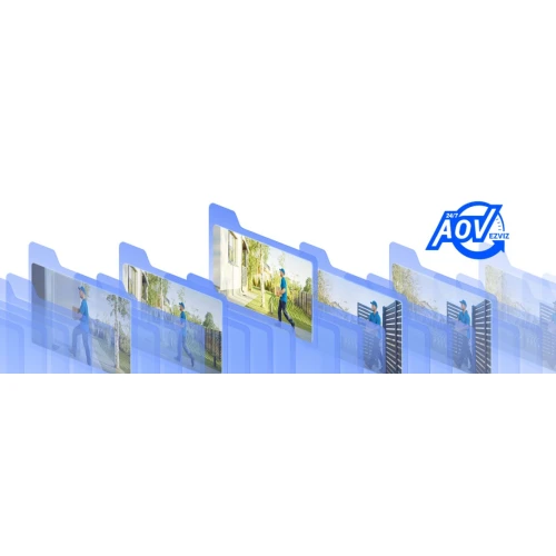 The image showcases a series of overlapping translucent blue folders, each containing a photo of a person in a blue uniform interacting with a smart home camera. The EZVIZ logo is prominently displayed in the upper right corner, emphasizing the brand's focus on 24/7 security solutions.