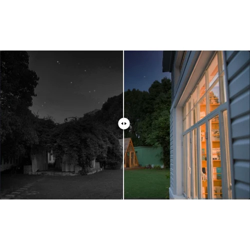 The image shows a smart home security camera with night vision capabilities, capturing a clear view of a garden at night. The camera's split-screen feature highlights its ability to provide both infrared night vision and full-color daytime footage.