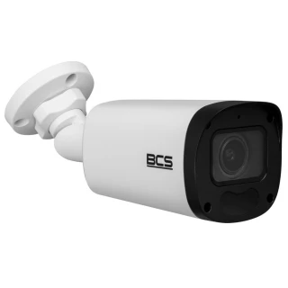 A sleek, white bullet security camera with a black front panel and adjustable mounting bracket. The camera features the BCS logo prominently on the side, indicating its brand.