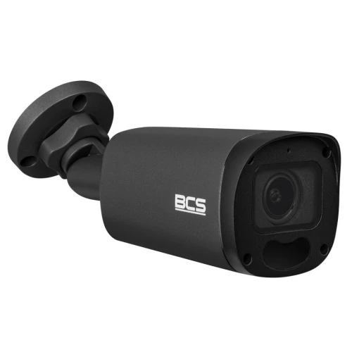 A sleek black bullet security camera with a durable metal housing and adjustable mounting bracket. The camera features a prominent lens and is designed for outdoor surveillance.