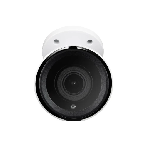 The image shows a white bullet security camera with a sleek, cylindrical design and a prominent lens at the center. It is designed for outdoor surveillance, offering high-resolution video capture.