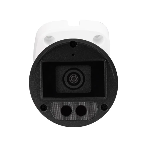 The image shows a cylindrical security camera with a black front and a white casing, designed for outdoor surveillance. It features a central lens and two infrared sensors for enhanced night vision capabilities.